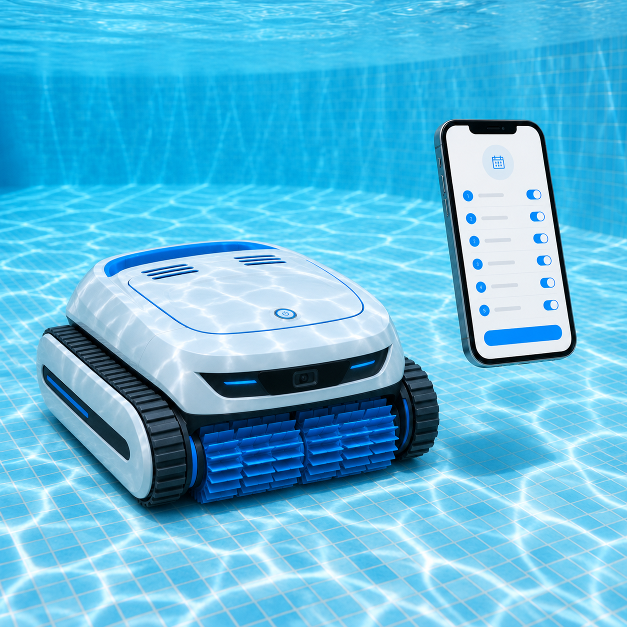 Robô limpador no fundo da piscina ao lado de um celular com o aplicativo de programação aberto