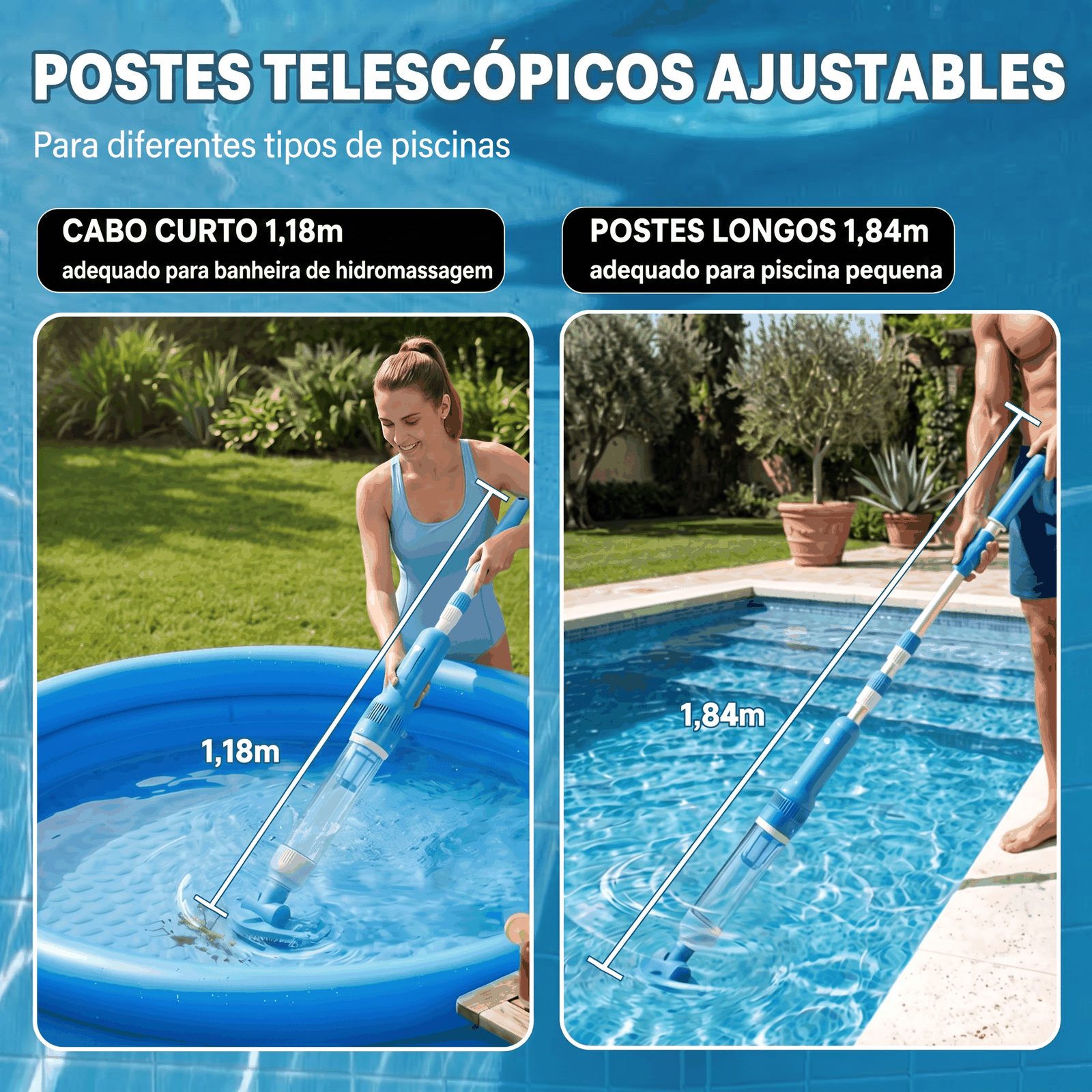 Cabo telescópico ajustável de 57,5 a 184 cm – limpeza profunda sem esforço