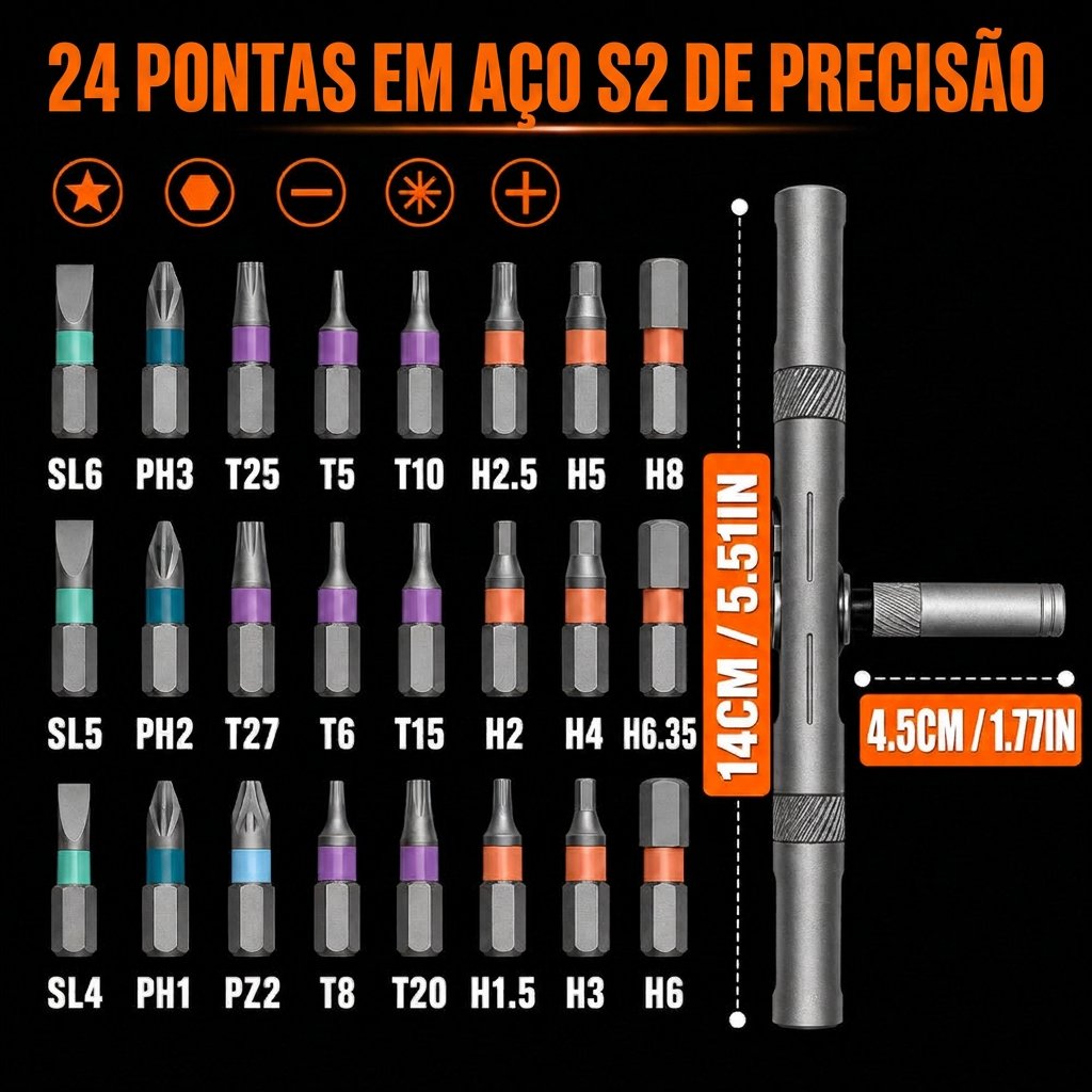 24 pontas em aço S2 — para tudo o que você aparafusa