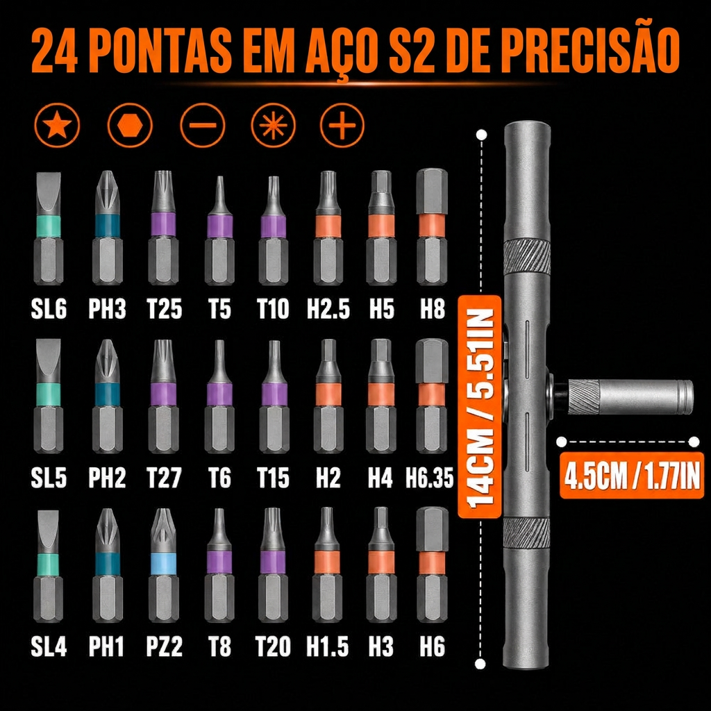 24 pontas em aço S2 — para tudo o que você aparafusa